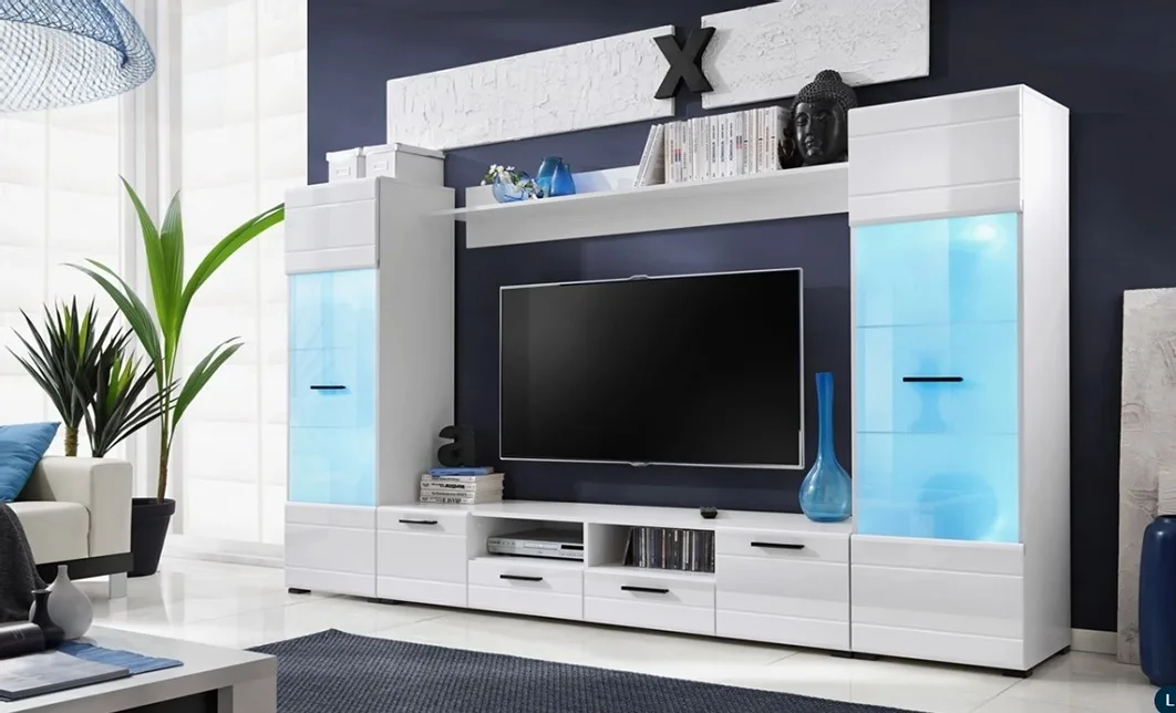 Mobilier living negru cu biblioteca integrata și birou